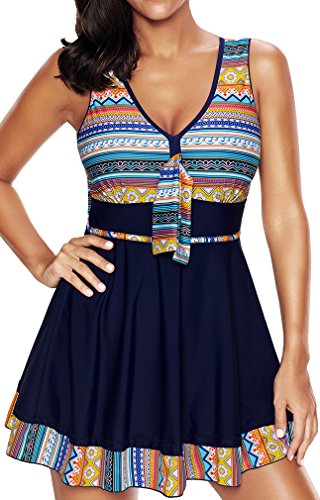 PANOZON Mujer Vestido de Traje de Baño Diseño de Escote en V Estilo de Falda Mar y Piscina (5X-Large, Multicolor)