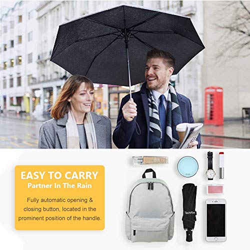 Paraguas Plegable, TechRise Paraguas Plegable Automático Impermeable de Viaje Compacto Resistencia Contra Viento para Viaje para Hombres y Mujeres ( nero)