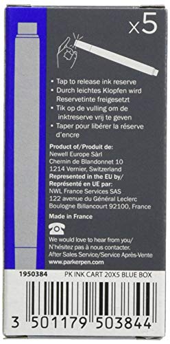 Parker Quink recambios para plumas estilográficas, cartuchos largos, tinta azul, caja de 5