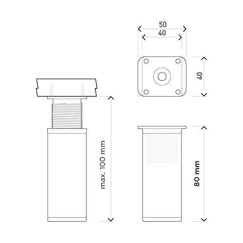 Patas para muebles, 4 piezas, altura regulable | Perfil cuadrado: 40 x 40 mm | Sossai® MFV1-CH | Diseño: Cromo | Altura: 80mm (+20mm) | Tornillos incluidos