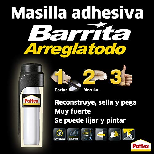 Pattex Barrita Arreglatodo Masilla bicomponente extrafuerte, pasta moldeable para pegar y reparar, resina epoxi barnizable y lijable para múltiples materiales, tubo 48 g