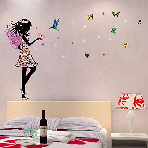 Pegatinas de pared 3D Hermosa flor de mariposa muchachas de hadas aves, bricolaje Arte casera del PVC fondo de pantalla, Corredor de sala de juegos for niños y niñas de decoración de interior 50x70cm