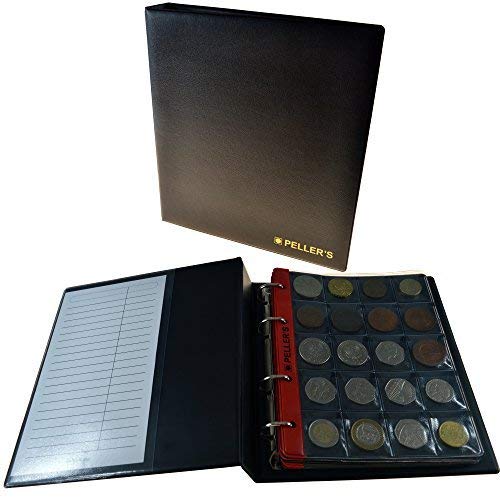 PELLER'S AM200B Álbum de colección M para 200 Monedas Medianas de hasta 31mm de diámetro, 10 Fundas y cartulinas separadoras. para € 1, 2 Euros, £2, 50 Peniques ingleses etc, Negro, Modelo M