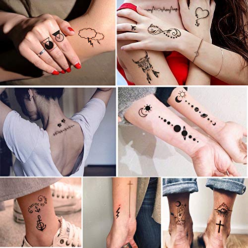 Pequeños tatuajes impermeables temporales: 60 hojas, constelaciones de estrellas de la luna, brújula musical, ancla, palabras, líneas, flores para niños, adultos, hombres y mujeres.