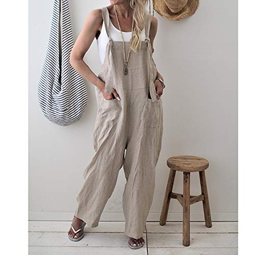 Petos de Pantalones Largo Casual para Mujer, Morbuy Verano Lino Baggy Harem Mono Suelto Moda Bolsillos Overoles Jumpsuit Tirantes Playa Fiesta Oficina Pantalón (XL,Albaricoque)