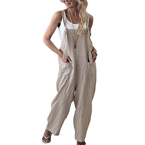 Petos de Pantalones Largo Casual para Mujer, Morbuy Verano Lino Baggy Harem Mono Suelto Moda Bolsillos Overoles Jumpsuit Tirantes Playa Fiesta Oficina Pantalón (XL,Albaricoque)