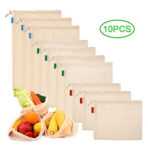 Philorn 10 Reutilizable Producir Bolsas 100% Algodón Bolsas de la Compra Reutilizables Bolsas de Malla para Fruta Vegetal Lavable Totalizador de compras