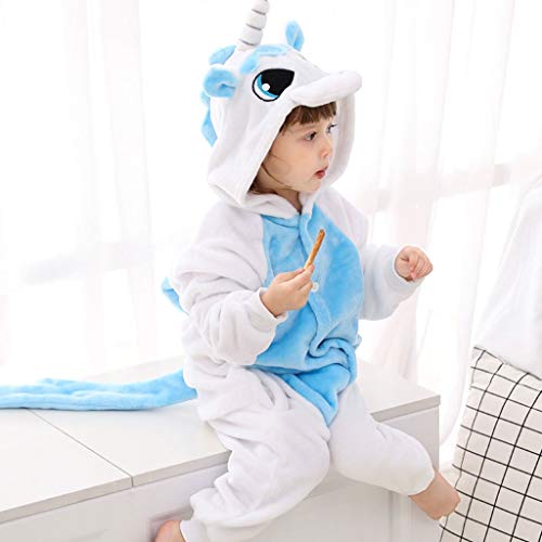 Pijamas de Animales para niños Niños Unicornio Azul de Halloween Animal Unisex Pijamas de los niños, Invierno Franela otoño Encapuchado del Mameluco Pijamas de Animales Niños