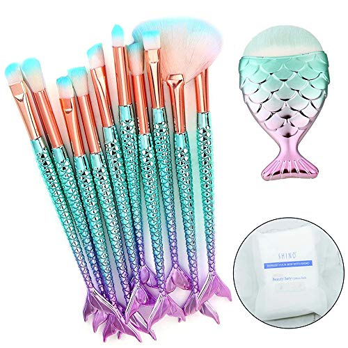 Pinceles de Maquillaje de Sirena, Set de 11 Pinceles de Maquillaje Profesional + 30 Piezas Cojín de algodón, maquillaje cepillo kit cepillo Eyebrow Eyeliner Blush Cosmetic (Multicolor)