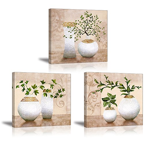 PIY 3X Cuadro Sobre Lienzo Imagen de Plantas Verdes Elegantes en Botellas de jarrón Canvas Wall Art de la Lona Arte de Pared Listo para Colgar Cuadros Sobre el Lienzo con Sala Comedor Cocina 30x30cm