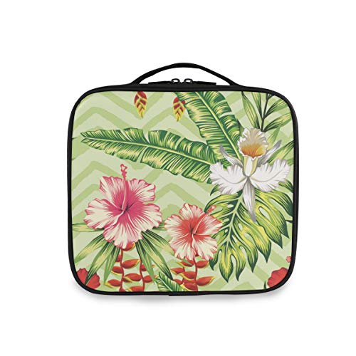 Plátano de viaje Hojas y flores de palma Hibisco rosado rojo Orquídea blanca Bolsa de maquillaje portátil para niñas Herramientas Estuche de tren cosmético Bolsa de aseo Almacenamiento