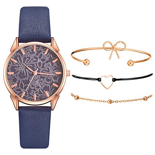 POLP Belleza Sets de Reloj y Pulsera Mujer Casual Moda Relojes de Cuarzo para Mujer Adolescentes Chica Regalo de San Valentín para Amante,Relojes 1PC y Pulsera 3PC (A_Azul)