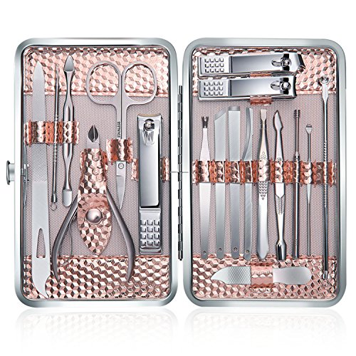 Profesional Cortaúñas Acero Inoxidable Grooming Kit - Set de 18 Piezas para Manicura y Pedicura Limpiador Cutícula con Bonita Caja (Oro rosa)