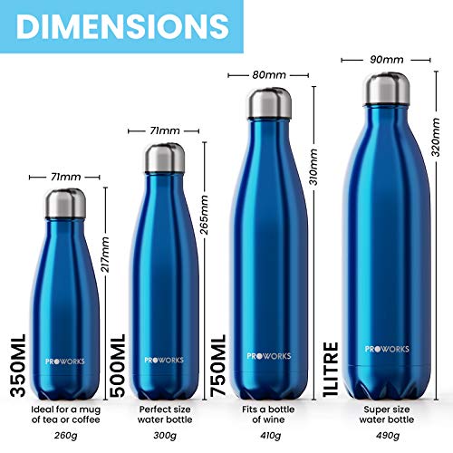 Proworks Botellas de Agua Deportiva de Acero Inoxidable | Cantimplora Termo con Doble Aislamiento para 12 Horas de Bebida Caliente y 24 Horas de Bebida Fría - Libre de BPA - 1L - Azul Metalizado