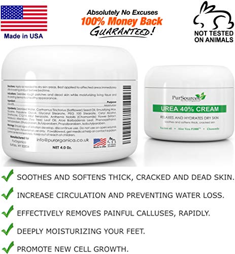 PurSources Urea 40% Foot Cream 4 oz - Best Callus Remover - Moisturizes & Rehydrates Thick, Cracked, Rough, Dead & Dry Skin - For Feet, Elbows and Hands + Free Pumice Stone - 100% Money Back Guarantee