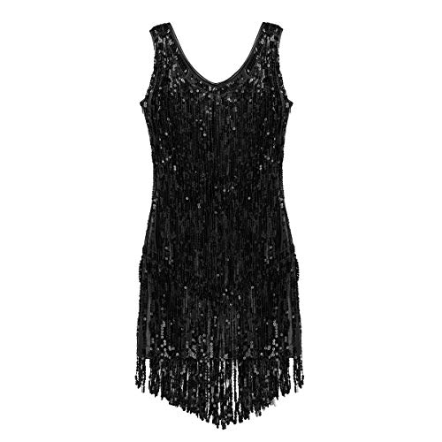 ranrann Vestido de Danza Latina Flecos para Mujer Vestido de Tango Samba Salsa Cha Cha Lentejuelas Traje Baile de Salón Disfraz Fiesta Dancewear Negro XX-Large