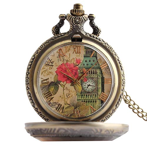 Reloj de Bolsillo clásico Rose Flower Leaf London Big Ben Número Romano Esfera de Cristal Transparente Movimiento de Cuarzo Clamshell Aleación Collar Relojes Regalo para Hombres Mujeres