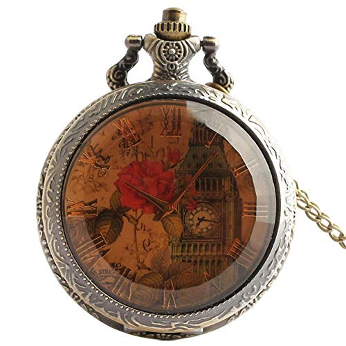 Reloj de Bolsillo clásico Rose Flower Leaf London Big Ben Número Romano Esfera de Cristal Transparente Movimiento de Cuarzo Clamshell Aleación Collar Relojes Regalo para Hombres Mujeres