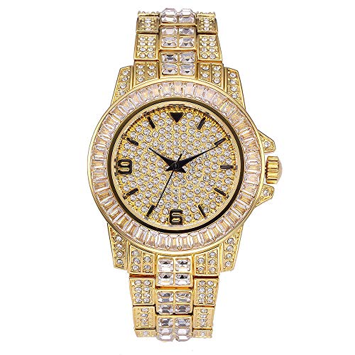 Reloj Diamond Diamond Watch con Reloj de Hip Hop Completo para Hombres Bling Bling Reloj de Diamantes simulado Reloj (Oro)