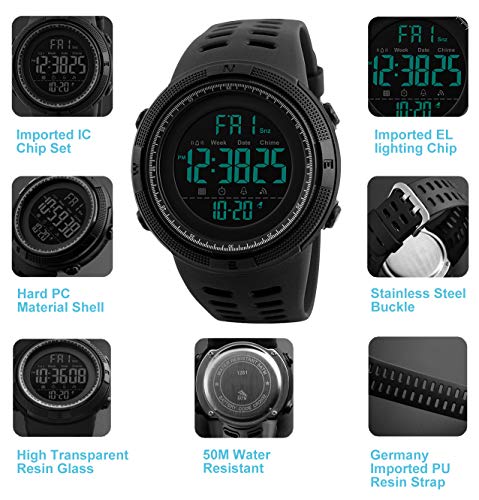 Reloj Digital para Hombre - 50M impermeable Deportivo Relojes de pulsera Prueba para Hombre, Reloj Militar Negro LED con Alarma/cuenta regresiva/Cronómetro / 12/24H para Hombre