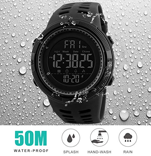 Reloj Digital para Hombre - 50M impermeable Deportivo Relojes de pulsera Prueba para Hombre, Reloj Militar Negro LED con Alarma/cuenta regresiva/Cronómetro / 12/24H para Hombre