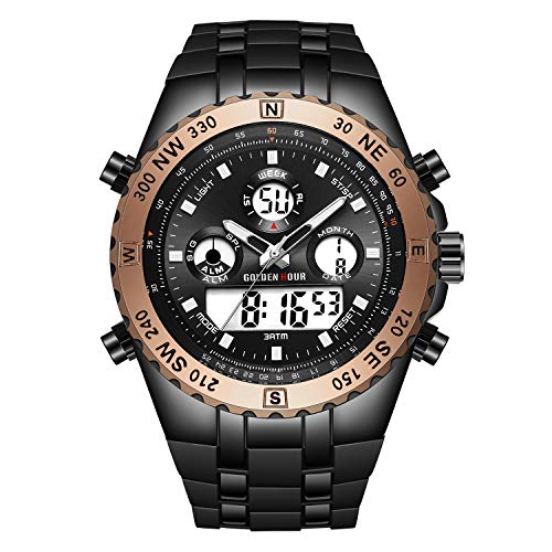 Relojes Gruesos para Hombres, cronómetro Deportivo Resistente al Agua, Gran Rostro, Alarma de Fecha, Digital Ligero, Reloj de Pulsera analógico Militar de Acero Inoxidable con Banda de Goma