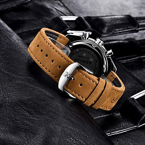 Relojes Hombre BENYAR Cronógrafo Analógico Cuarzo 3AMT Impermeable Pulsera de Cuero Deporte Watch Business Casual Relojes de Pulsera Regalo Elegante