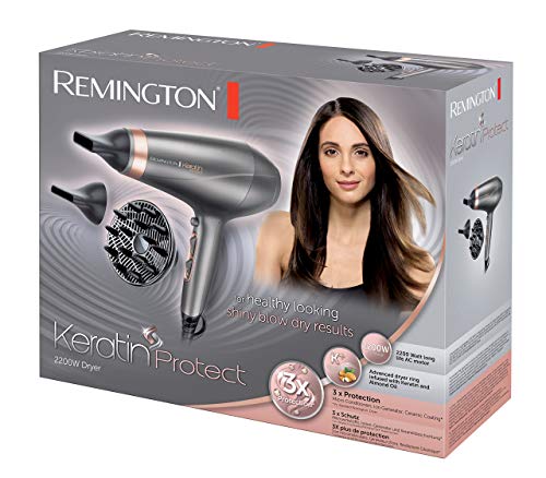 Remington AC8820 Keratin Protect - Secador de Pelo Profesional, Secador Iónico, 2 Concentradores y Difusor, 2200 W, Gris