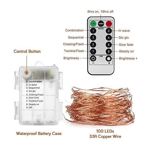 Resistente Al Agua Cadena De Luces, Elebor 2 Paquetes Elebor10 Metros 100 Mini LEDs 8 Modos De Blanco Cálido Luces Impermeable De Alambre De Cobre Control Remoto Para Bodas Fiestas y Jardín