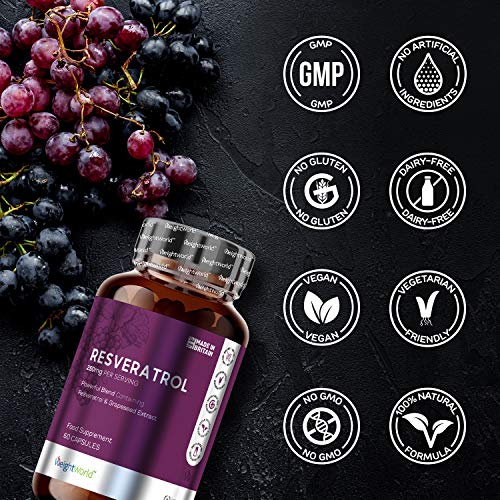 Resveratrol Puro en Capsulas | Suplemento AntiArrugas Natural | Vitaminas para la Piel y Articulaciones | Sin Gluten | Antioxidante Con Extracto de Vino Rojo para Metabolismo | WeightWorld |