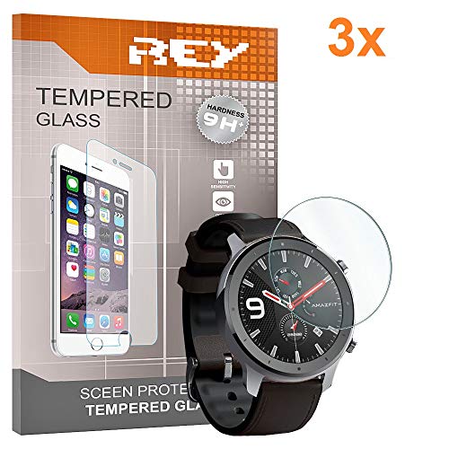 REY 3X Protector de Pantalla para XIAOMI AMAZFIT GTR 47mm, Cristal Vidrio Templado Premium