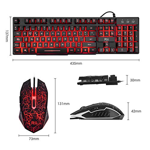 Rii RK108 Packs de Teclado y Ratón Gaming, Combo de Teclado y Ratón Avanzado Silencioso Tamaño Completo con USB Cable para Computadora Portátil, PC, QWERTY Español