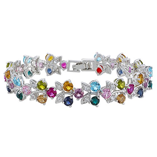 Rizilia Tenis Pulsera [18cm/7inch] con Corte Redondo Piedras Preciosas Circonita CZ [Multicolor] en 18K Chapado en Oro Blanco, Elegancia Moderna Sencillo