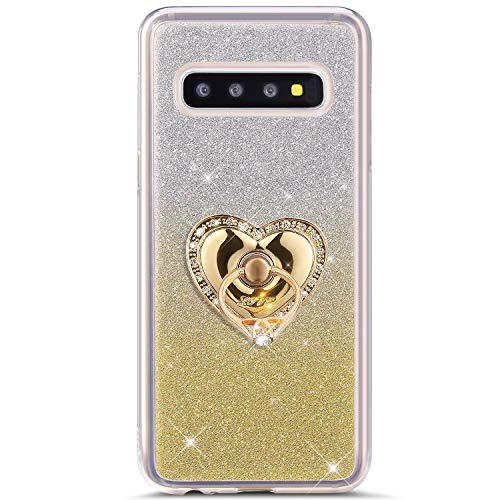 Robinsoni Funda Compatible con Samsung Galaxy S10 Plus Funda de Silicona Suave de TPU Fundas con Dimantes Anillo Movil Protector Cubierta Maquillaje Glitter Anti-caída Caso Estuche Resistente, Oro