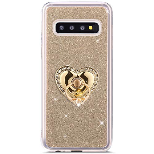 Robinsoni Funda Compatible con Samsung Galaxy S10 Plus Funda de Silicona Suave de TPU Fundas con Dimantes Anillo Movil Protector Cubierta Maquillaje Glitter Anti-caída Caso Estuche Resistente, Oro