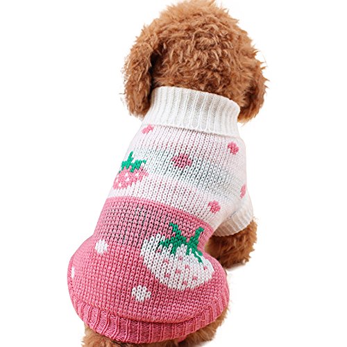 Ropa Perro Pequeño Invierno Cuello Alto Jersey para Pomerania Chihuahua Yorkshire Mascota - Patrón de corazón Fresa