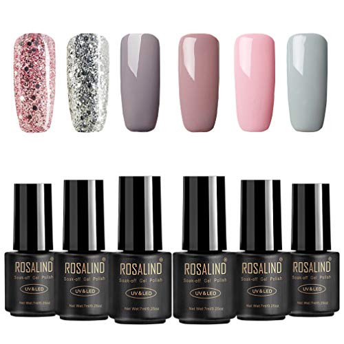 ROSALIND Esmaltes Semipermanentes de Uñas en Gel UV LED, 6pcs Kit de Esmaltes de Uñas de Brillo Glitter 7ml