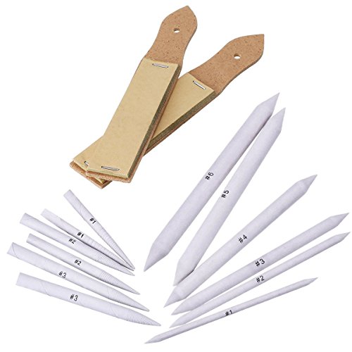 ROSENICE 12 Piezas Difuminos y Tortillones de Mezcla Set con 2 Piezas Sacapuntas de Lápiz de Papel de Lija para Accesorios de Dibujo Bosqueo