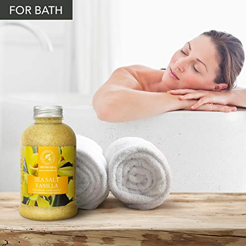 Sal de Baño Vainilla 600g - Sal Marina con Aceite de Vainilla y Canela para Dormir - Reducción de Estrés - Belleza - Baños- Cuidado Corporal