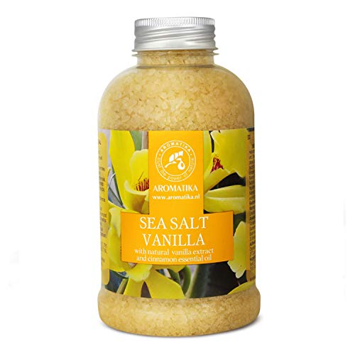 Sal de Baño Vainilla 600g - Sal Marina con Aceite de Vainilla y Canela para Dormir - Reducción de Estrés - Belleza - Baños- Cuidado Corporal