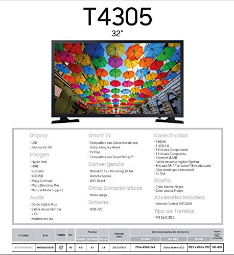 Samsung 32T4305 2020 - Smart TV de 32" con Resolución HD, HDR, PurColor, Ultra Clean View y Compatible con Asistentes de Voz (Alexa)