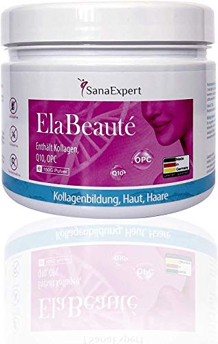 SanaExpert ElaBeauté, Colágeno en Polvo Anti-Edad con Q10, OPC, Zinc, Biotina y Vitaminas para la Piel, Pelo y Uñas, 150 Gramos