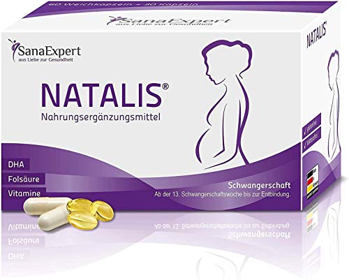 SanaExpert Natalis, Suplemento Nutricional Para Mujeres Embarazadas con Ácido Fólico, Hierro, DHA, Extra Vitaminas, 90 Cápsulas (67g)