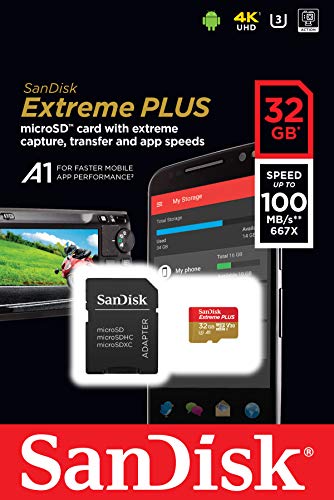 SanDisk Extreme Plus - Tarjeta de Memoria 32 GB microSDHC para Smartphone, tabletas y cámaras MIL + Adaptador SD, Velocidad de Lectura hasta 100 MB/s, Clase 10, U3, V30 y A1