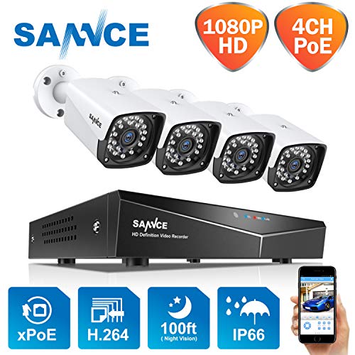 SANNCE XPOE Kit de Videovigilancia 4CH NVR sin Disco Duro + 4 IP Cámaras de Vigilancia Sistema 1080P IP66 Impermeable Visión Nocturna 100pies/30m -sin HDD