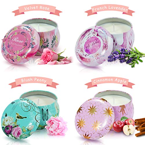 SCENTORINI Vela Perfumada Aroma Velas Cera Natural en Caja de 4 Velas Perfumadas Set de Regalo, Aroma a peonía, Canela, Lavanda y Rosa, 120h