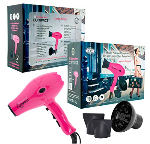 Secador de Pelo de Viaje Profesional con Difusor Compacto Ligero Potente Rosa (Pink) 2100W Everywhere By AGV