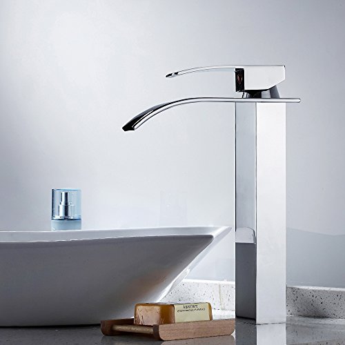 Seebesteu Grifo Mezclador Monomando Cascada de Níquel Cromado Alto Grifería Alto Caño Agua Fría y Cliente para Lavabo del Cuarto de Baño Cuadrado