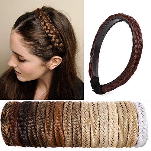 SEGO Extensiones de Cabello Diademas Trenzadas Elásticas Mujer Pelo Sintético Se Ve Natural Accesorios Fishtail Braided Hair Headband Head Hoop [Castaño Caoba Oscuro]