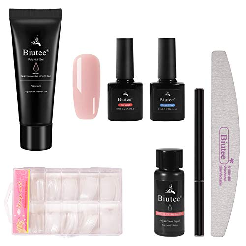 Seisso Kit Esmalte de Gel de Uñas 15ml, Gel de Uñas Acrilicas de Color Rosa con 30ml Solución Deslizante 8ml Capa Superior y Base con Accesorios para decorar uñas